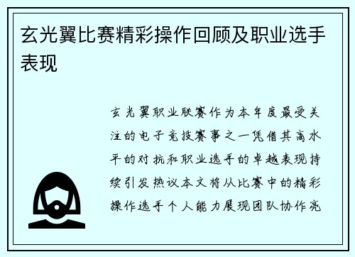 玄光翼比赛精彩操作回顾及职业选手表现